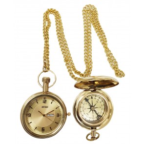Artshai Brass Pocket Watch with Date and Day Calendar Feature and Push Button Magnetic Compass